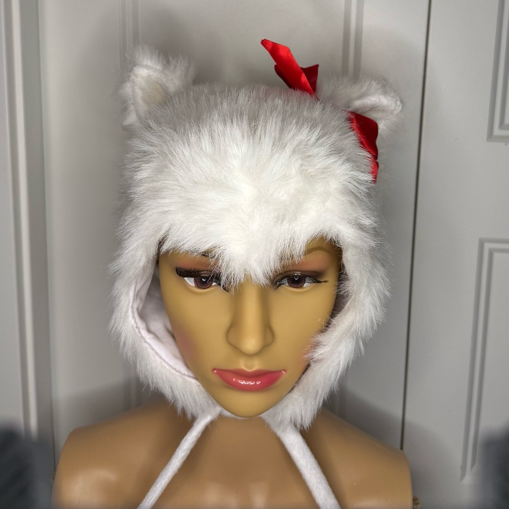 White Furry Hat with Red Bow